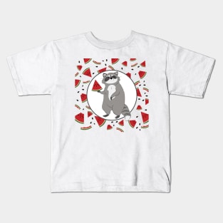 Cute Raccoon with Watermelon Pieces Kids T-Shirt
